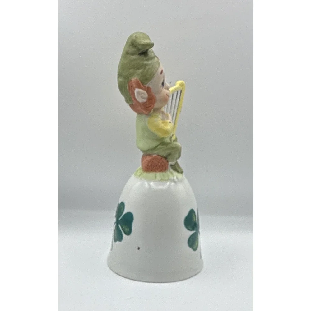 Ceramic Irish Shamrock Bell w/ Leprechaun Harp Figurine Top, Hand Painted 5in